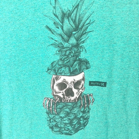 HURLEY |💀🍍Green Heathered Pineapple Skull Printed Skater Surfer T-Shirt - Picture 4 of 5